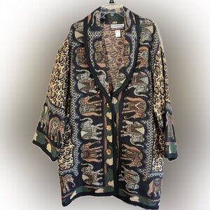 It’s Outta the Bag Y2K 1990’s Long Tapestry Cardigan Wooden Buttons Pockets, 1X